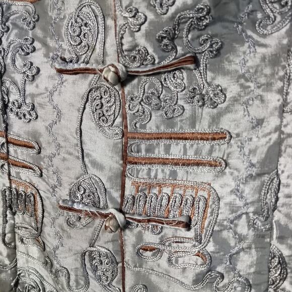 Vintage TANG JACKET Silk Satin Gray Brown Embellished Long Suit Coat Large XL - Picture 2 of 10